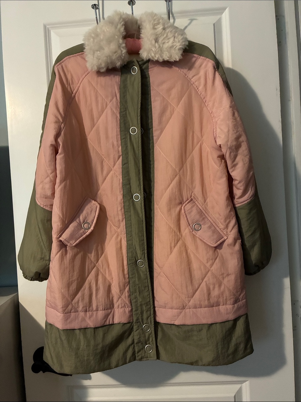 Anthropologie Pilcro Pink and Olive Quilted Coat with Faux Fur Trim